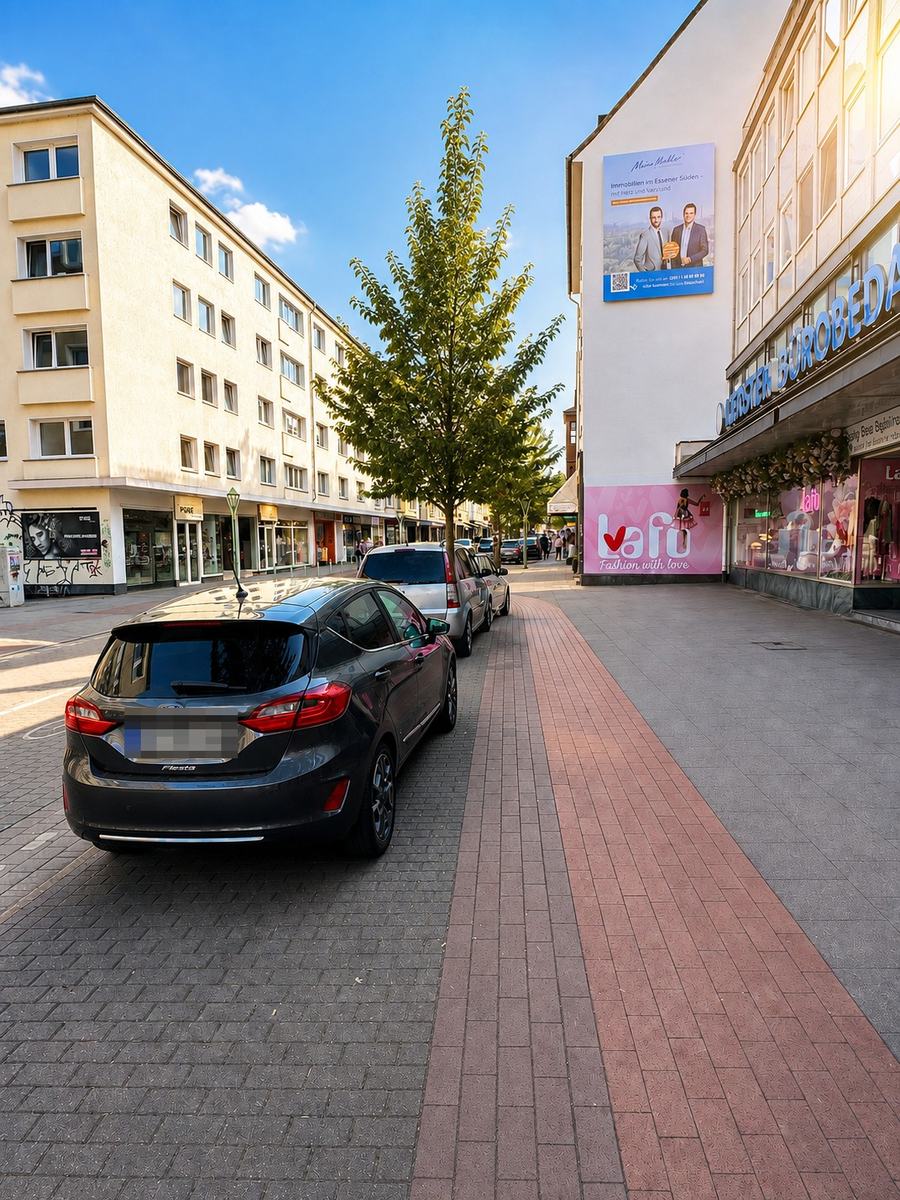 Straße vor der Aufstellung: Fahrzeuge parken, kein Halteverbotsschild vorhanden