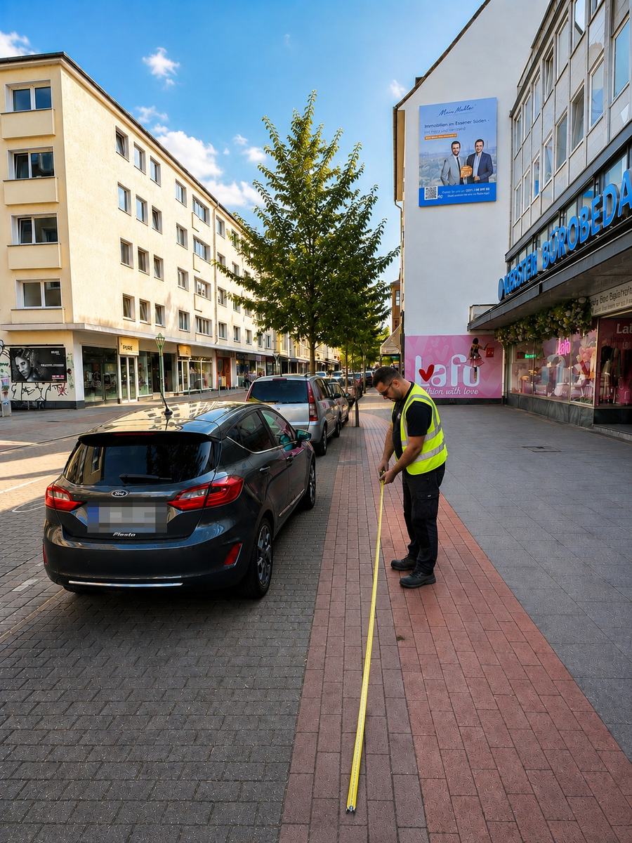 Ausmessen der benötigten Länge mit dem Maßband auf dem Gehweg
