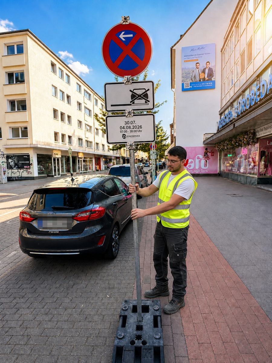 Aufstellen der Schilderstange mit Halteverbotsschild auf schweren Betonfüßen