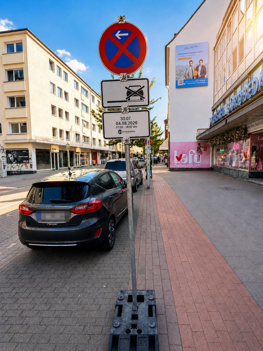 Aufgestellte Halteverbotszone mit Zusatzschild, ein Fahrzeug parkt noch davor