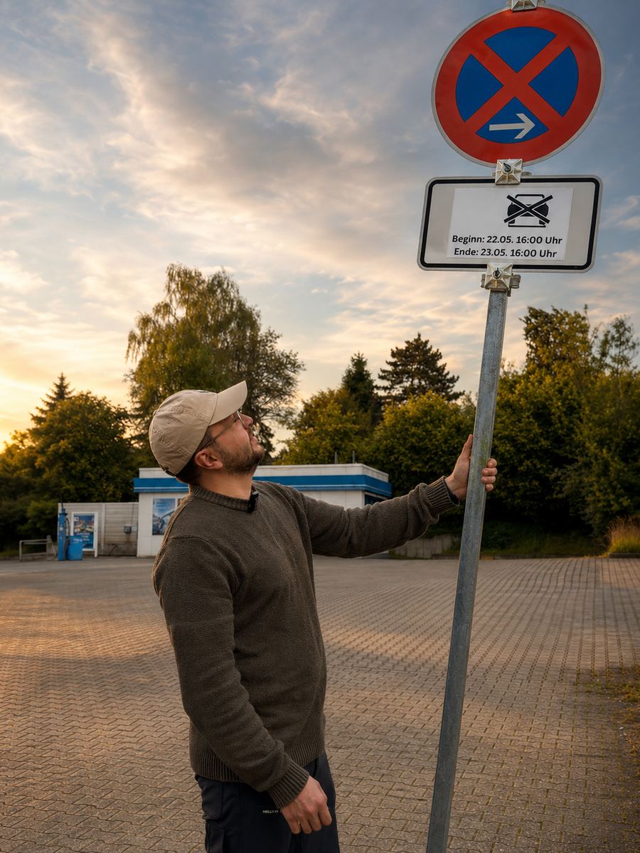 Halteverbotsschild mit Zusatzschild Beginn 22.05. 16 Uhr im Abendlicht