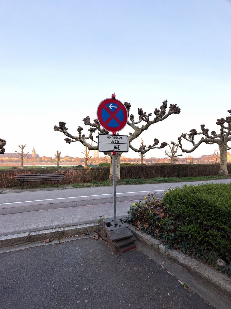 Halteverbotszone auf Betonfuß an einer Allee, Stadtsilhouette im Hintergrund