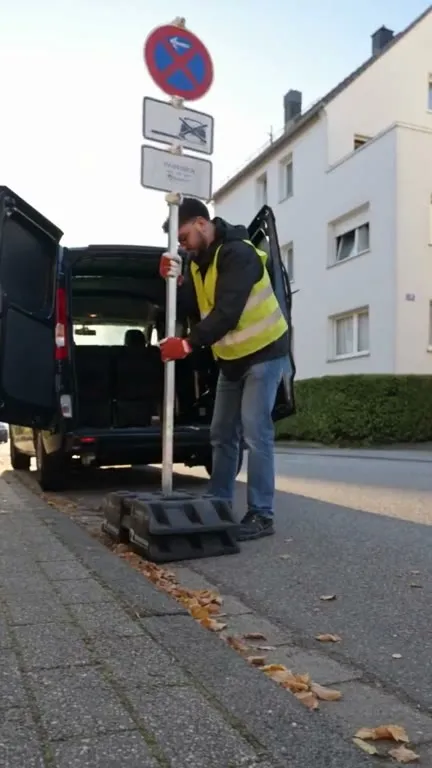 Baris Coskun in Warnweste setzt die Schilderstange einer Halteverbotszone in den Betonfuß, daneben der geöffnete ZoneService-Transporter